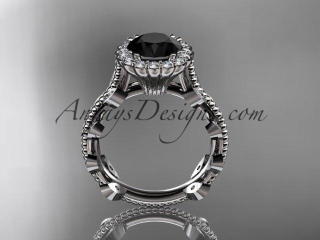 14k white gold diamond leaf and vine wedding ring, engagement ring with a Black Diamond center stone ADLR118 - AnjaysDesigns