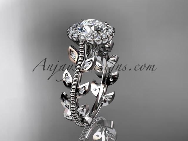 platinum diamond leaf and vine wedding ring, engagement ring with a "Forever One" Moissanite center stone ADLR118 - AnjaysDesigns