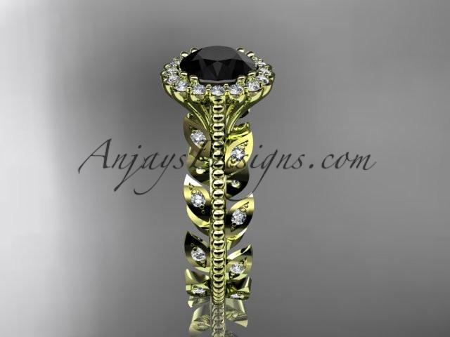 14k yellow gold diamond leaf and vine wedding ring, engagement ring with a Black Diamond center stone ADLR118 - AnjaysDesigns