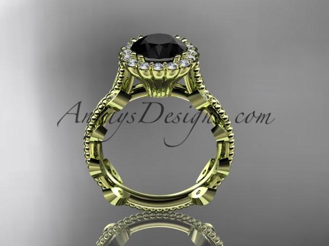 14k yellow gold diamond leaf and vine wedding ring, engagement ring with a Black Diamond center stone ADLR118 - AnjaysDesigns