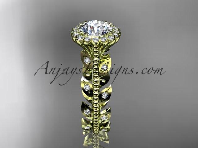 14k yellow gold diamond leaf and vine wedding ring, engagement ring with a "Forever One" Moissanite center stone ADLR118 - AnjaysDesigns