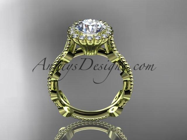 14k yellow gold diamond leaf and vine wedding ring, engagement ring with a "Forever One" Moissanite center stone ADLR118 - AnjaysDesigns