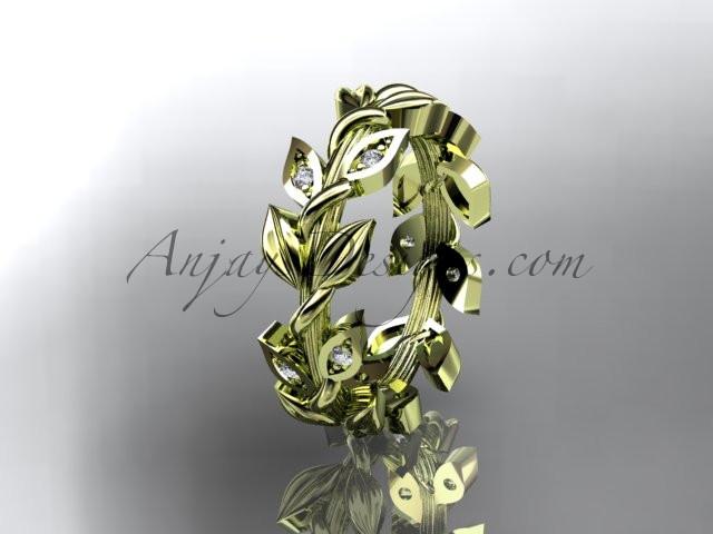 14kt yellow gold diamond leaf wedding ring, wedding band ADLR120 - AnjaysDesigns