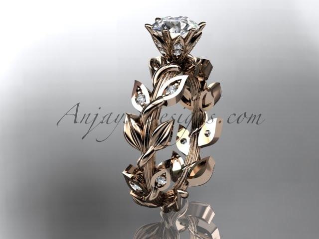 14k rose gold diamond leaf and vine engagement ring with a "Forever One" Moissanite center stone ADLR124 - AnjaysDesigns, Moissanite Engagement Rings - Jewelry, Anjays Designs - AnjaysDesigns, AnjaysDesigns - AnjaysDesigns.co, 