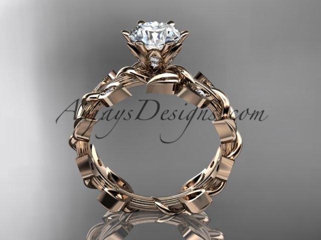14k rose gold diamond leaf and vine engagement ring with a "Forever One" Moissanite center stone ADLR124 - AnjaysDesigns, Moissanite Engagement Rings - Jewelry, Anjays Designs - AnjaysDesigns, AnjaysDesigns - AnjaysDesigns.co, 