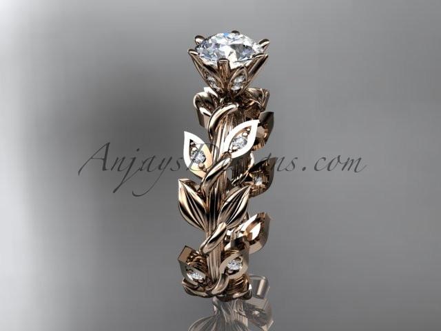14k rose gold diamond leaf and vine engagement ring with a "Forever One" Moissanite center stone ADLR124 - AnjaysDesigns, Moissanite Engagement Rings - Jewelry, Anjays Designs - AnjaysDesigns, AnjaysDesigns - AnjaysDesigns.co, 