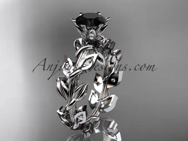 platinum diamond leaf and vine engagement ring with a Black Diamond center stone ADLR124 - AnjaysDesigns