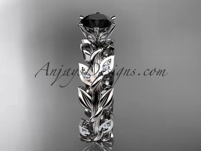 14k white gold diamond leaf and vine engagement ring with a Black Diamond center stone ADLR124 - AnjaysDesigns