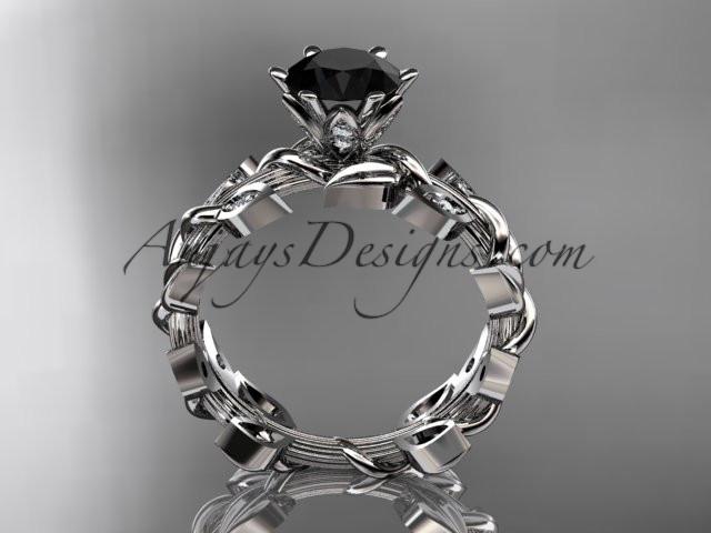 platinum diamond leaf and vine engagement ring with a Black Diamond center stone ADLR124 - AnjaysDesigns