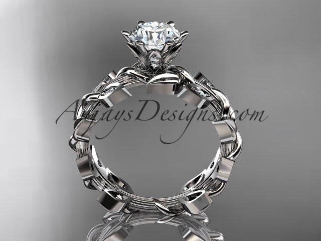 platinum diamond leaf and vine engagement ring with a "Forever One" Moissanite center stone ADLR124 - AnjaysDesigns