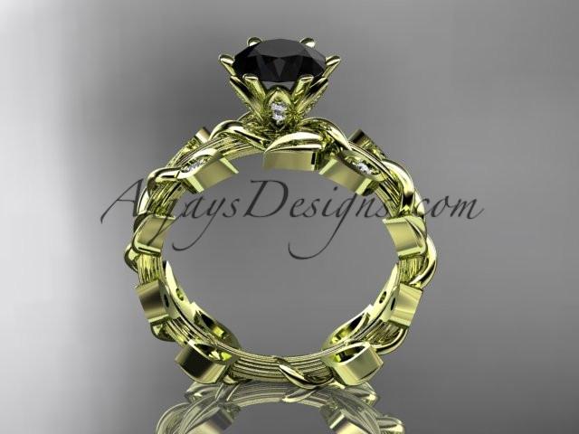 14k yellow gold diamond leaf and vine engagement ring with a Black Diamond center stone ADLR124 - AnjaysDesigns