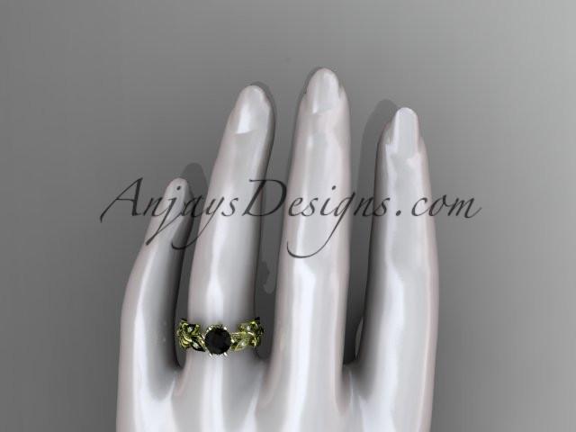 14k yellow gold diamond leaf and vine engagement ring with a Black Diamond center stone ADLR124 - AnjaysDesigns