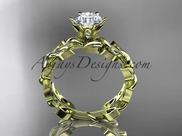14k yellow gold diamond leaf and vine engagement ring with a "Forever One" Moissanite center stone ADLR124 - AnjaysDesigns