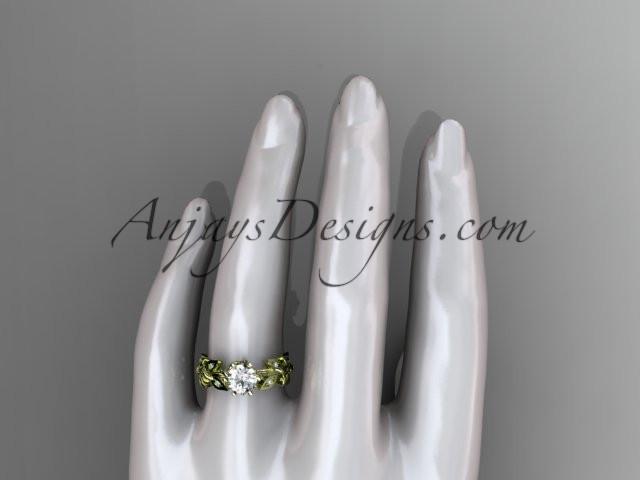 14k yellow gold diamond leaf and vine engagement ring with a "Forever One" Moissanite center stone ADLR124 - AnjaysDesigns