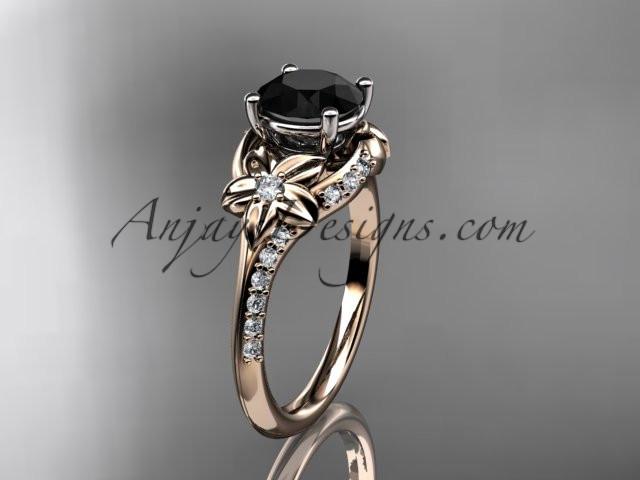 14kt rose gold diamond floral wedding ring, engagement ring with a Black Diamond center stone ADLR125 - AnjaysDesigns