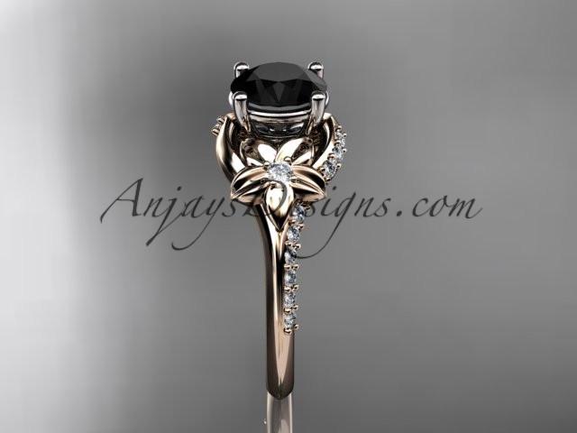 14kt rose gold diamond floral wedding ring, engagement ring with a Black Diamond center stone ADLR125 - AnjaysDesigns