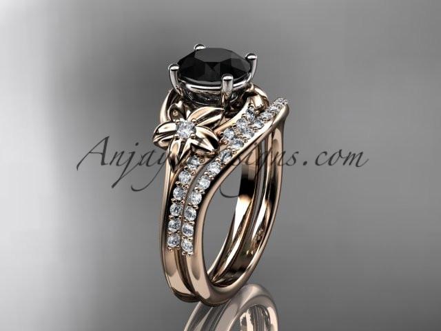 14kt rose gold diamond floral wedding set, engagement set with a Black Diamond center stone ADLR125S - AnjaysDesigns