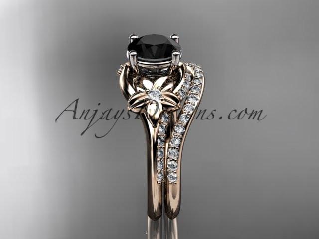 14kt rose gold diamond floral wedding set, engagement set with a Black Diamond center stone ADLR125S - AnjaysDesigns