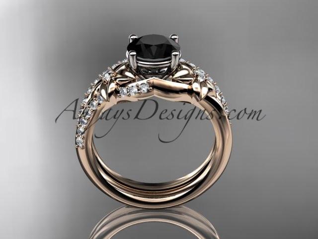 14kt rose gold diamond floral wedding set, engagement set with a Black Diamond center stone ADLR125S - AnjaysDesigns