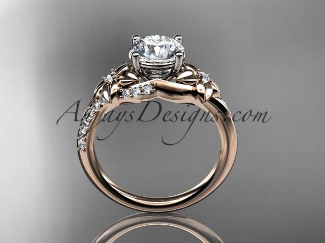14kt rose gold diamond floral wedding ring, engagement ring with a "Forever One" Moissanite center stone ADLR125 - AnjaysDesigns