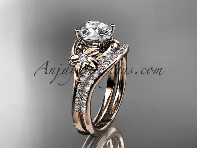 14kt rose gold diamond floral wedding set, engagement set with a "Forever One" Moissanite center stone ADLR125S - AnjaysDesigns