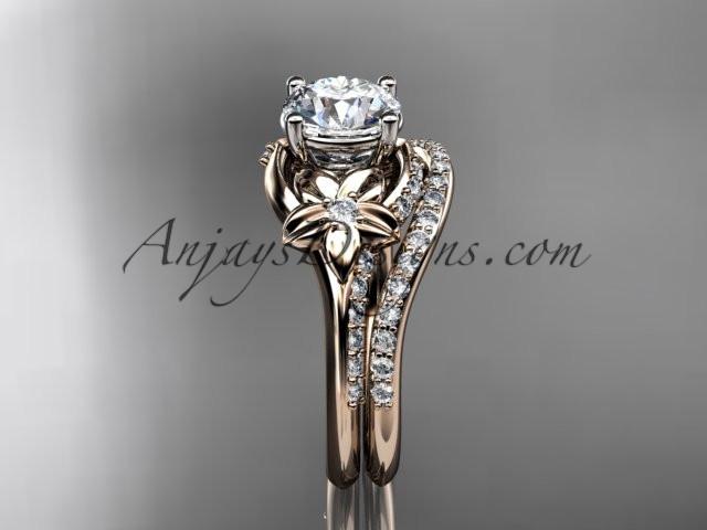 14kt rose gold diamond floral wedding set, engagement set with a "Forever One" Moissanite center stone ADLR125S - AnjaysDesigns