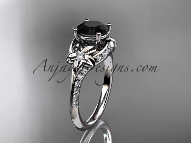 14kt white gold diamond floral wedding ring, engagement ring with a Black Diamond center stone ADLR125 - AnjaysDesigns