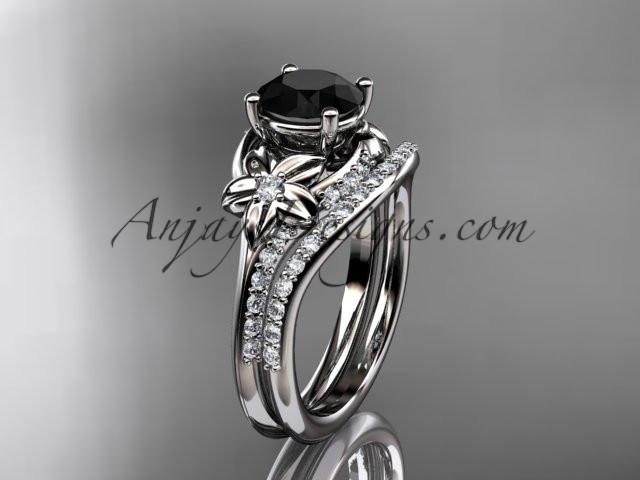 platinum diamond floral wedding set, engagement set with a Black Diamond center stone ADLR125S - AnjaysDesigns