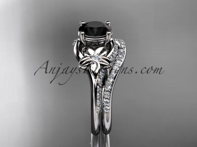 14kt white gold diamond floral wedding set, engagement set with a Black Diamond center stone ADLR125S - AnjaysDesigns