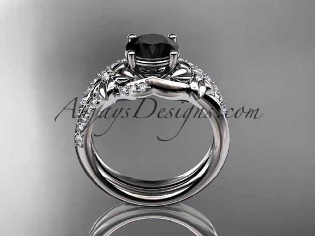 14kt white gold diamond floral wedding set, engagement set with a Black Diamond center stone ADLR125S - AnjaysDesigns