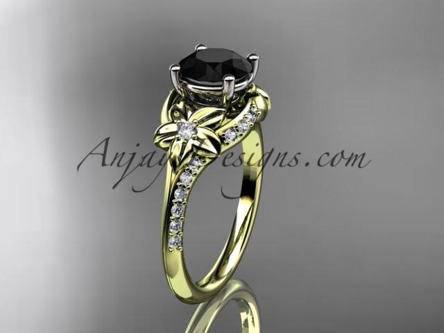 14kt yellow gold diamond floral wedding ring, engagement ring with a Black Diamond center stone ADLR125 - AnjaysDesigns