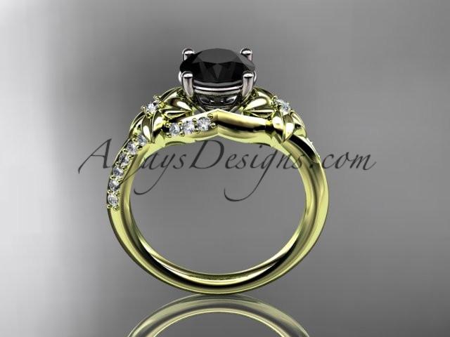 14kt yellow gold diamond floral wedding ring, engagement ring with a Black Diamond center stone ADLR125 - AnjaysDesigns