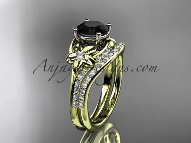 14kt yellow gold diamond floral wedding set, engagement set with a Black Diamond center stone ADLR125S - AnjaysDesigns