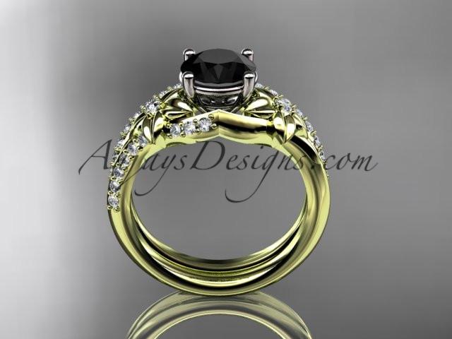 14kt yellow gold diamond floral wedding set, engagement set with a Black Diamond center stone ADLR125S - AnjaysDesigns