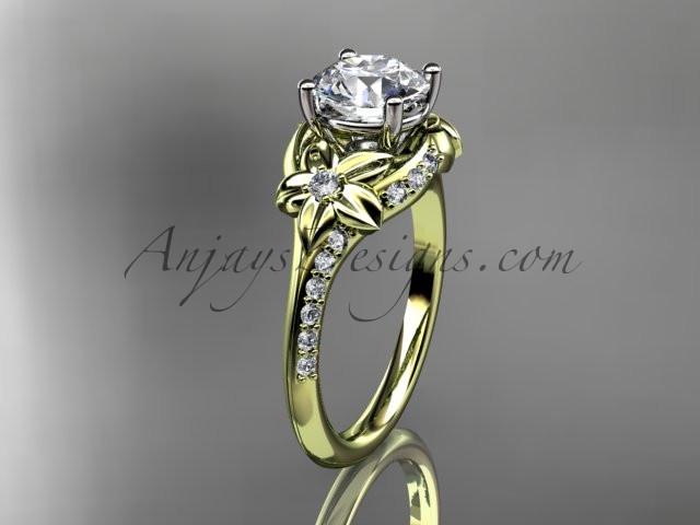 14kt yellow gold diamond floral wedding ring, engagement ring with a "Forever One" Moissanite center stone ADLR125 - AnjaysDesigns