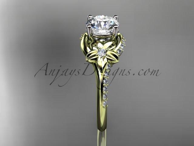 14kt yellow gold diamond floral wedding ring, engagement ring with a "Forever One" Moissanite center stone ADLR125 - AnjaysDesigns