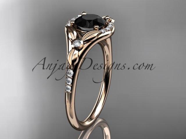 14kt rose gold diamond floral wedding ring, engagement ring with a Black Diamond center stone ADLR126 - AnjaysDesigns