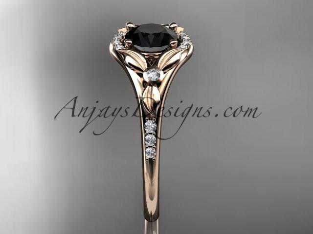 14kt rose gold diamond floral wedding ring, engagement ring with a Black Diamond center stone ADLR126 - AnjaysDesigns