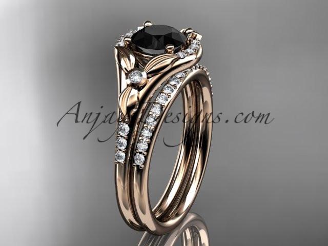 14kt rose gold diamond floral wedding ring, engagement set with a Black Diamond center stone ADLR126S - AnjaysDesigns