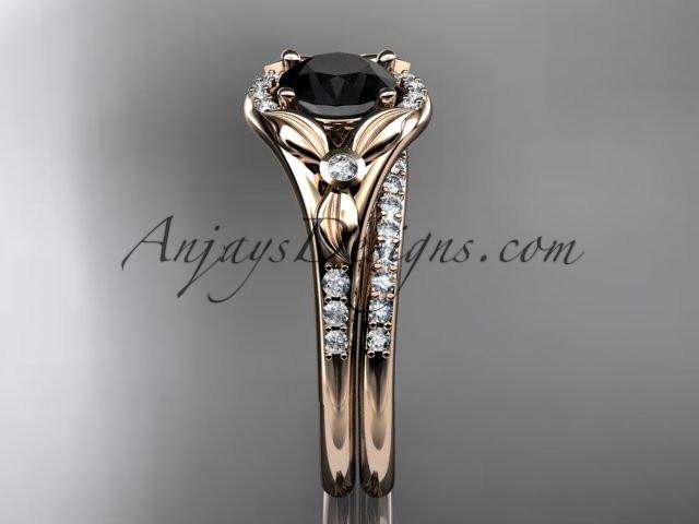 14kt rose gold diamond floral wedding ring, engagement set with a Black Diamond center stone ADLR126S - AnjaysDesigns