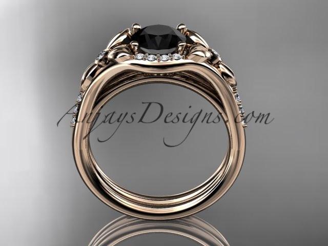 14kt rose gold diamond floral wedding ring, engagement set with a Black Diamond center stone ADLR126S - AnjaysDesigns