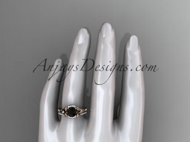 14kt rose gold diamond floral wedding ring, engagement set with a Black Diamond center stone ADLR126S - AnjaysDesigns