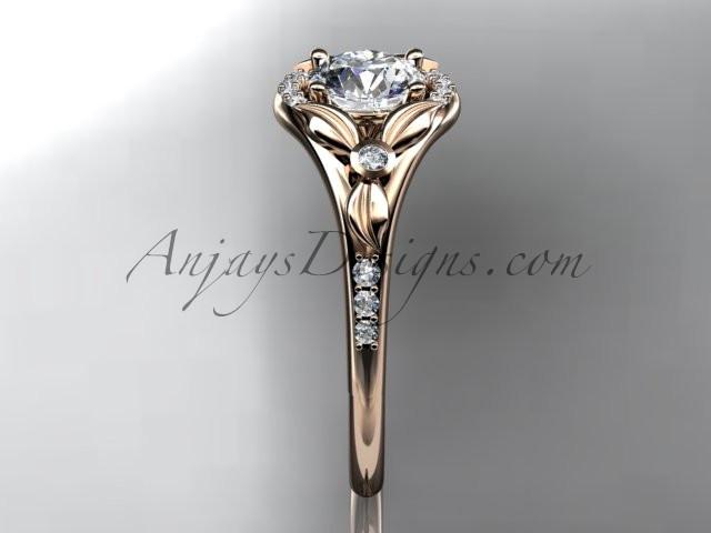 14kt rose gold diamond floral wedding ring, engagement ring with a "Forever One" Moissanite center stone ADLR126 - AnjaysDesigns