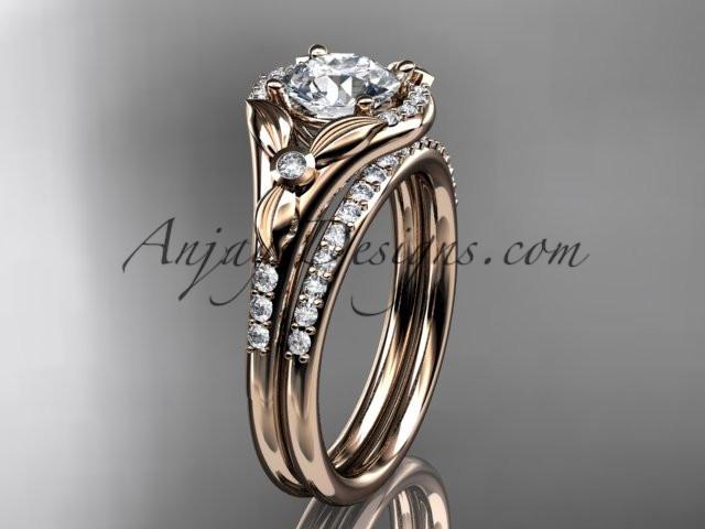 14kt rose gold diamond floral wedding ring, engagement set with a "Forever One" Moissanite center stone ADLR126S - AnjaysDesigns