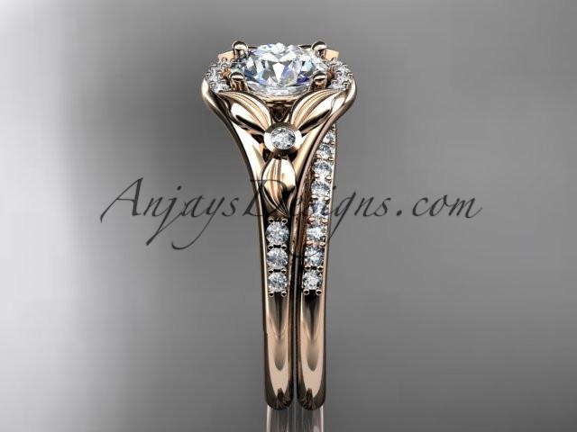 14kt rose gold diamond floral wedding ring, engagement set with a "Forever One" Moissanite center stone ADLR126S - AnjaysDesigns