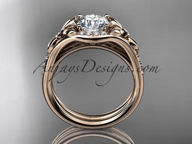 14kt rose gold diamond floral wedding ring, engagement set with a "Forever One" Moissanite center stone ADLR126S - AnjaysDesigns