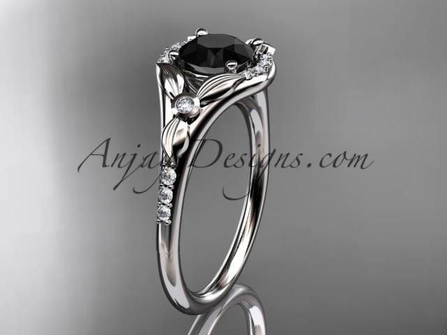 14kt white gold diamond floral wedding ring, engagement ring with a Black Diamond center stone ADLR126 - AnjaysDesigns