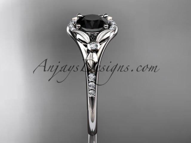 platinum diamond floral wedding ring, engagement ring with a Black Diamond center stone ADLR126 - AnjaysDesigns