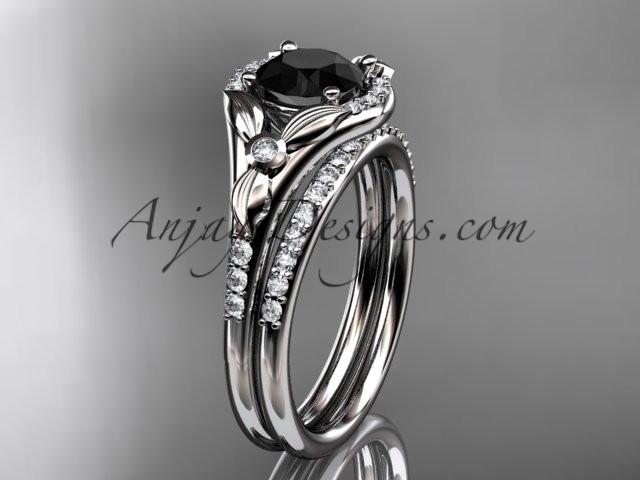 14kt white gold diamond floral wedding ring, engagement set with a Black Diamond center stone ADLR126S - AnjaysDesigns