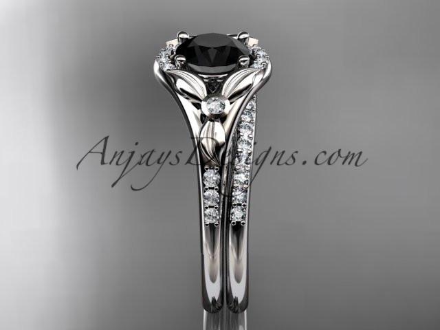 14kt white gold diamond floral wedding ring, engagement set with a Black Diamond center stone ADLR126S - AnjaysDesigns